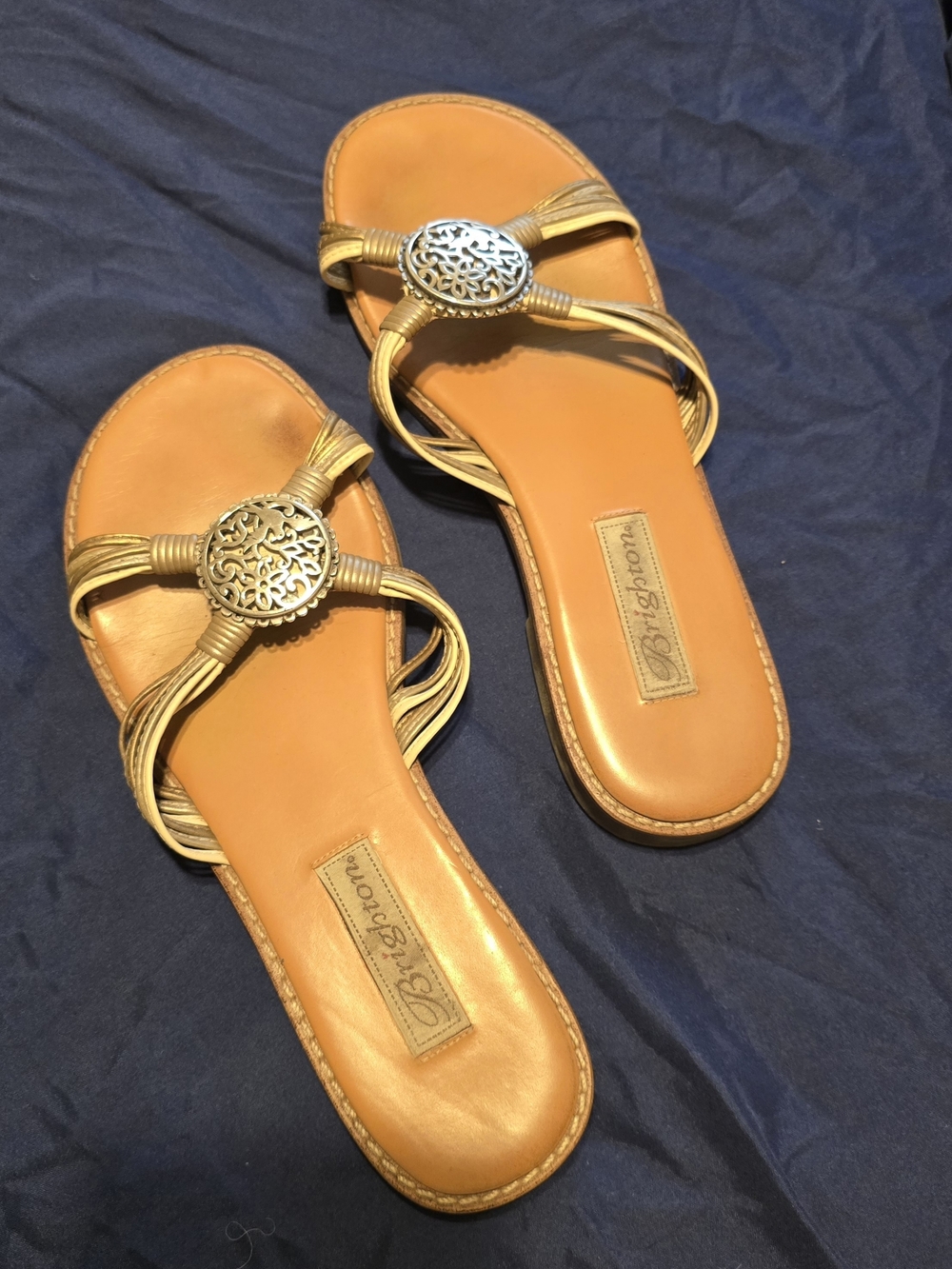 Brighton Tan Leather Slide Sandals with Silver Medallions